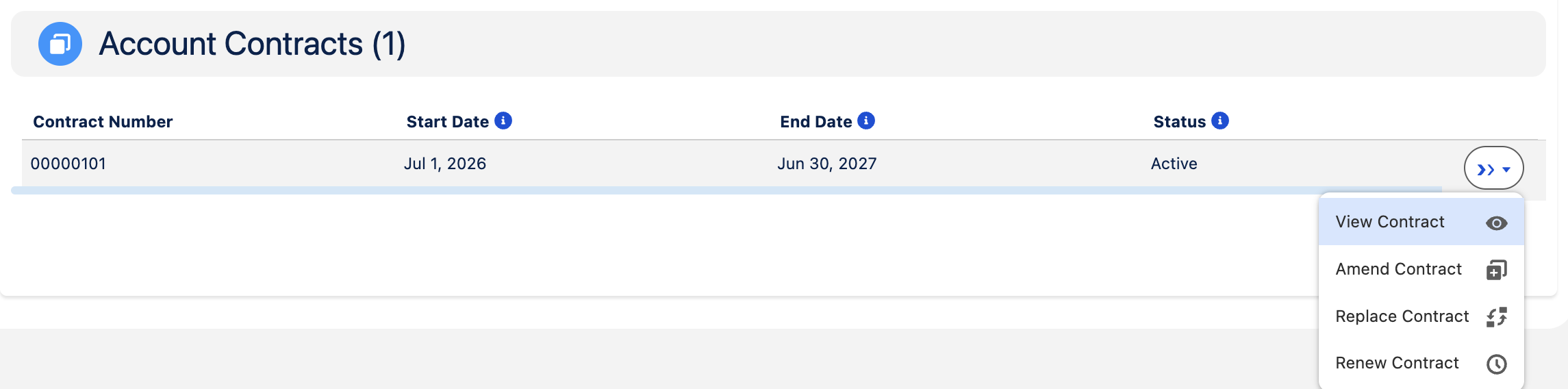 Account contracts table with Amend, Replace, and Renew actions