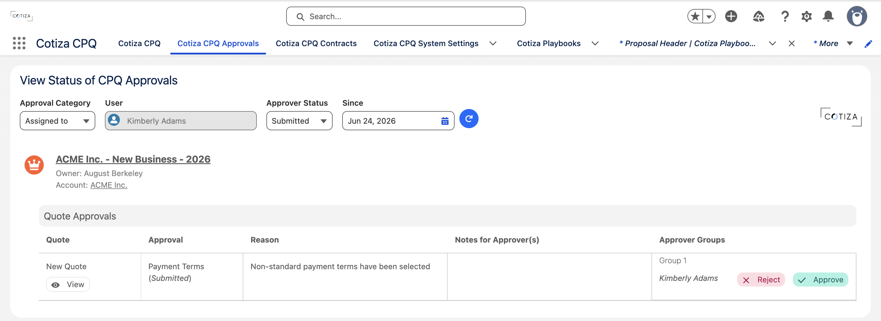 Cotiza CPQ Approvals hub with pending approval levels