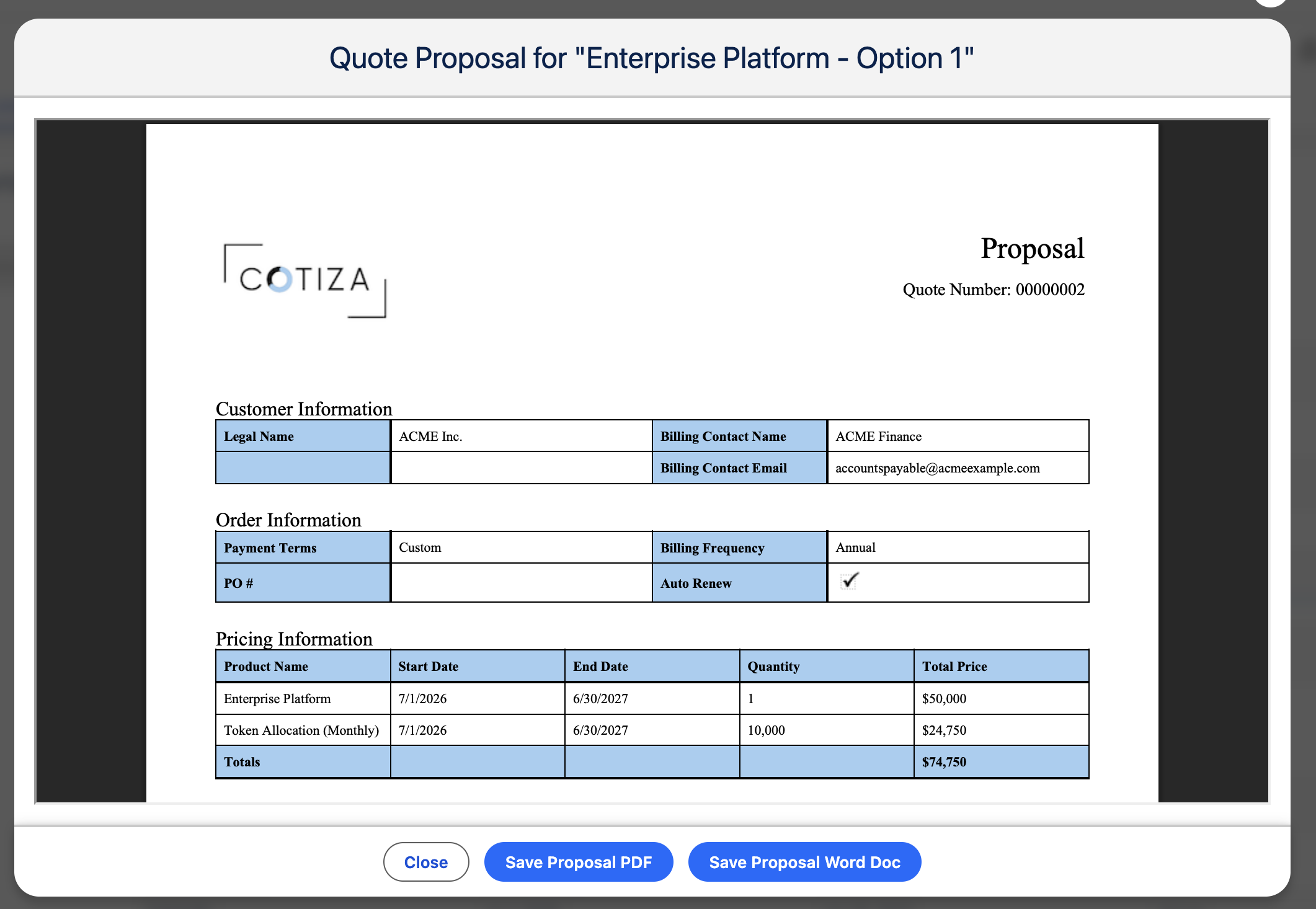 Proposals table listing generated quote documents